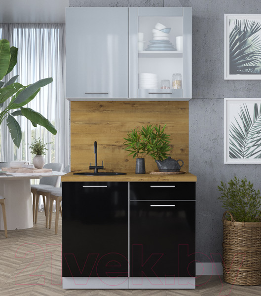 Изображение товара Кухонный гарнитур Интерлиния Мила Пластик 1.0 Б (туманный глянец/черный глянец/дуб бунратти)