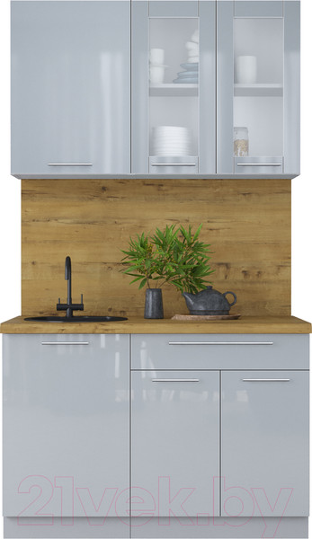 Изображение товара Кухонный гарнитур Интерлиния Мила Пластик 1.2 Б (туманный глянец/туманный глянец/дуб бунратти)