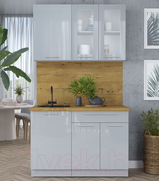Изображение товара Кухонный гарнитур Интерлиния Мила Пластик 1.2 Б (туманный глянец/туманный глянец/дуб бунратти)