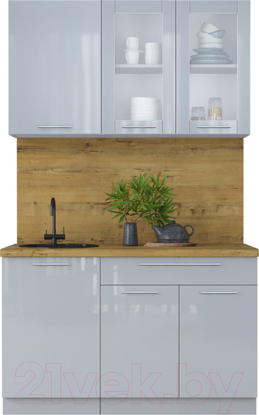 Изображение товара Кухонный гарнитур Интерлиния Мила Пластик 1.3 Б (туманный глянец/туманный глянец/дуб бунратти)