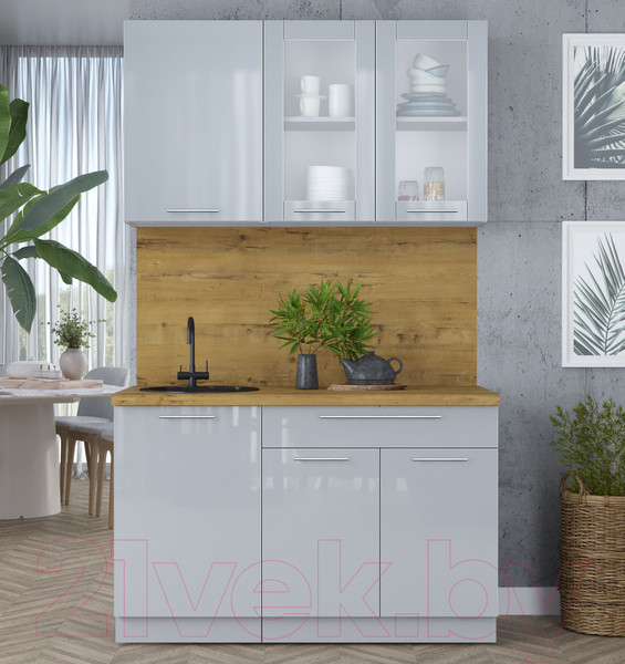 Изображение товара Кухонный гарнитур Интерлиния Мила Пластик 1.3 Б (туманный глянец/туманный глянец/дуб бунратти)