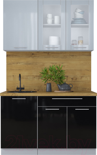 Изображение товара Кухонный гарнитур Интерлиния Мила Пластик 1.3 Б (туманный глянец/черный глянец/дуб бунратти)