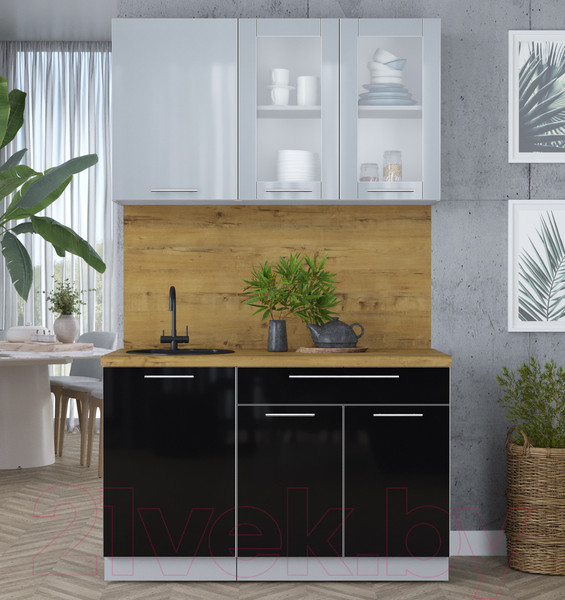 Изображение товара Кухонный гарнитур Интерлиния Мила Пластик 1.3 Б (туманный глянец/черный глянец/дуб бунратти)