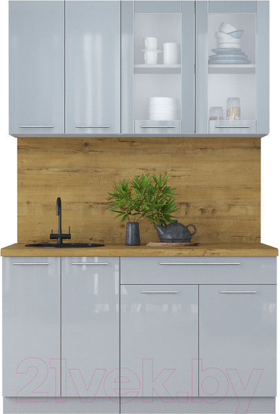 Изображение товара Кухонный гарнитур Интерлиния Мила Пластик 1.4 Б (туманный глянец/туманный глянец/дуб бунратти)