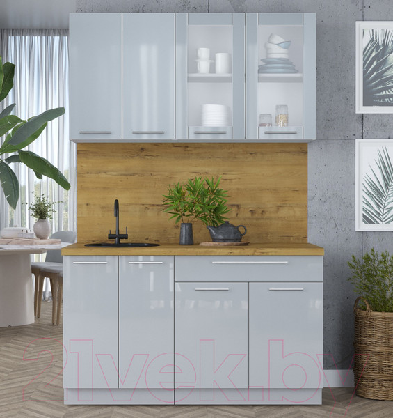 Изображение товара Кухонный гарнитур Интерлиния Мила Пластик 1.4 Б (туманный глянец/туманный глянец/дуб бунратти)