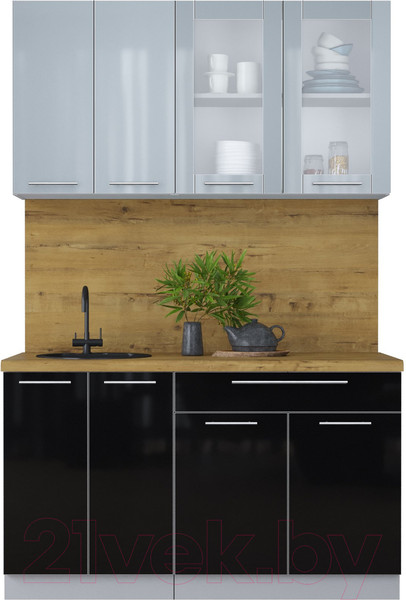 Изображение товара Кухонный гарнитур Интерлиния Мила Пластик 1.4 Б (туманный глянец/черный глянец/дуб бунратти)