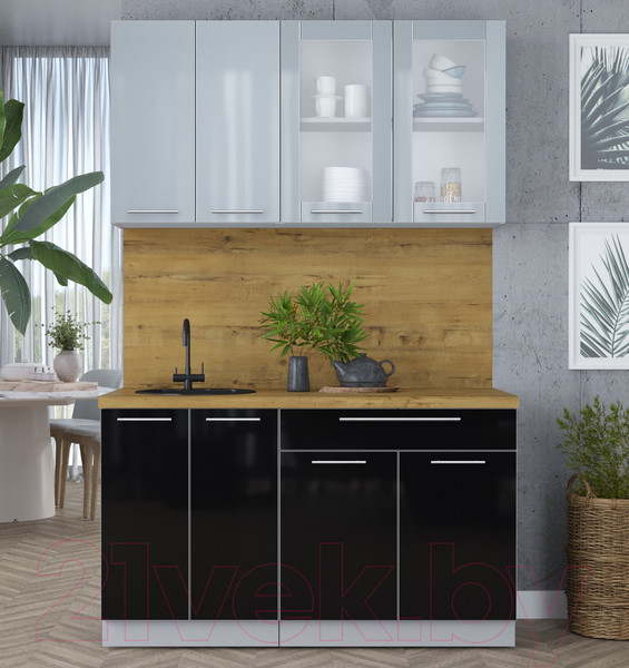 Изображение товара Кухонный гарнитур Интерлиния Мила Пластик 1.4 Б (туманный глянец/черный глянец/дуб бунратти)