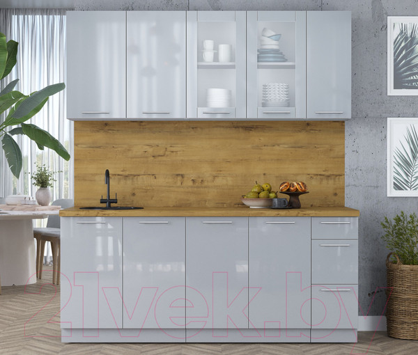 Изображение товара Кухонный гарнитур Интерлиния Мила Пластик 1.9 Б (туманный глянец/туманный глянец/дуб бунратти)