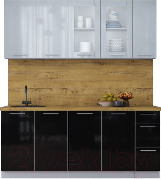 Изображение товара Кухонный гарнитур Интерлиния Мила Пластик 1.9 Б (туманный глянец/черный глянец/дуб бунратти)
