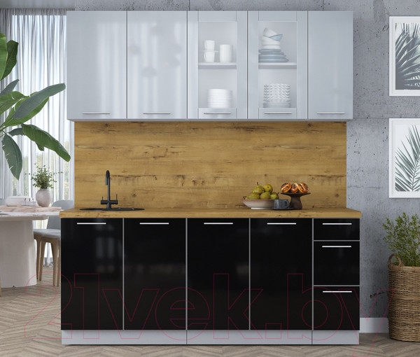 Изображение товара Кухонный гарнитур Интерлиния Мила Пластик 1.9 Б (туманный глянец/черный глянец/дуб бунратти)