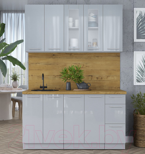 Изображение товара Кухонный гарнитур Интерлиния Мила Пластик 1.5 Б (туманный глянец/туманный глянец/дуб бунратти)