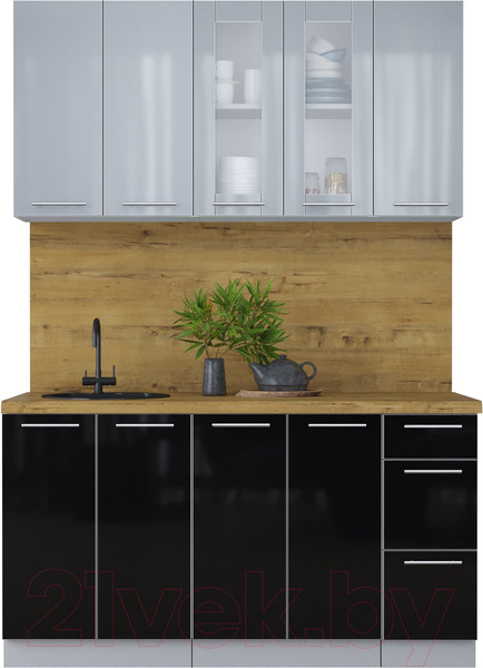 Изображение товара Кухонный гарнитур Интерлиния Мила Пластик 1.5 Б (туманный глянец/черный глянец/дуб бунратти)