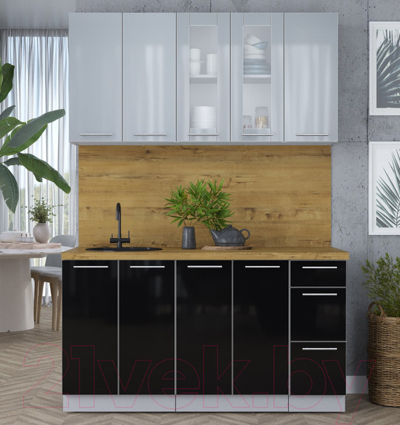 Изображение товара Кухонный гарнитур Интерлиния Мила Пластик 1.5 Б (туманный глянец/черный глянец/дуб бунратти)