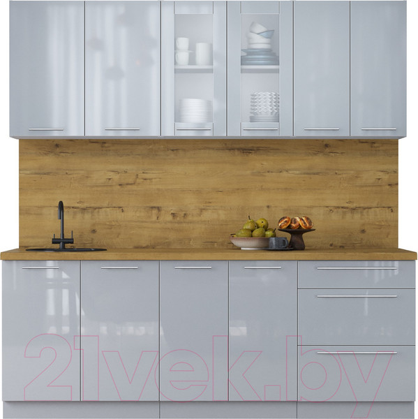 Изображение товара Кухонный гарнитур Интерлиния Мила Пластик 2.1 Б (туманный глянец/туманный глянец/дуб бунратти)