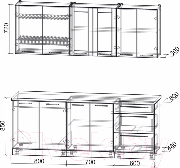 Изображение товара Кухонный гарнитур Интерлиния Мила Пластик 2.1 Б (туманный глянец/туманный глянец/дуб бунратти)
