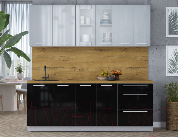 Изображение товара Кухонный гарнитур Интерлиния Мила Пластик 2.1 Б (туманный глянец/черный глянец/дуб бунратти)