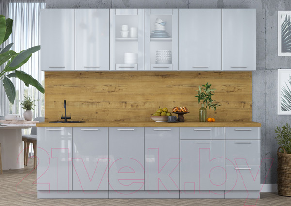 Изображение товара Кухонный гарнитур Интерлиния Мила Пластик 2.5 Б (туманный глянец/туманный глянец/дуб бунратти)