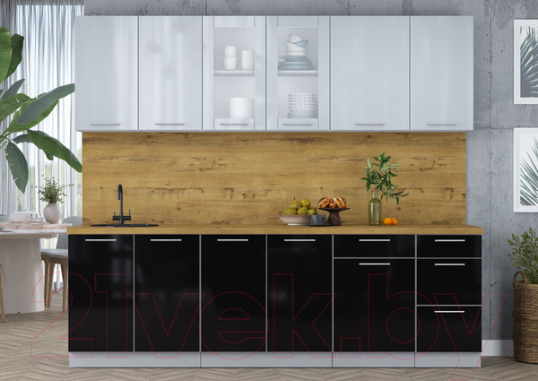 Изображение товара Кухонный гарнитур Интерлиния Мила Пластик 2.5 Б (туманный глянец/черный глянец/дуб бунратти)