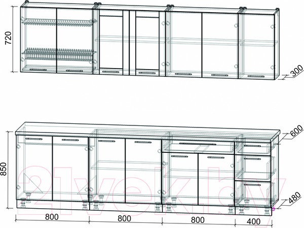 Изображение товара Кухонный гарнитур Интерлиния Мила Пластик 2.8 Б (туманный глянец/черный глянец/дуб бунратти)