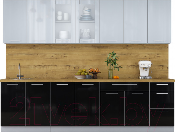 Изображение товара Кухонный гарнитур Интерлиния Мила Пластик 2.8 Б (туманный глянец/черный глянец/дуб бунратти)