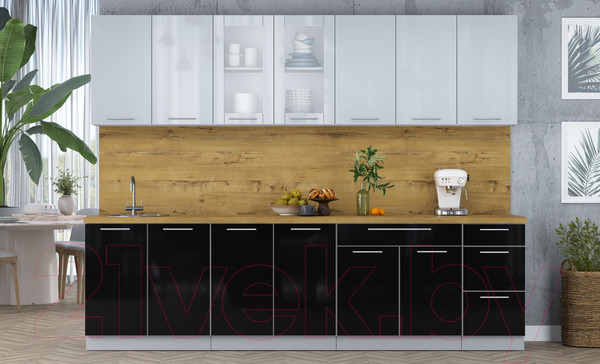 Изображение товара Кухонный гарнитур Интерлиния Мила Пластик 2.8 Б (туманный глянец/черный глянец/дуб бунратти)