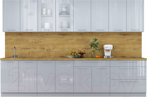Изображение товара Кухонный гарнитур Интерлиния Мила Пластик 3.2 Б (туманный глянец/туманный глянец/дуб бунратти)
