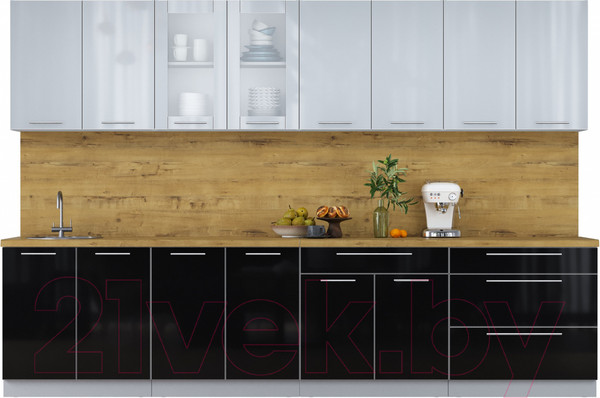 Изображение товара Кухонный гарнитур Интерлиния Мила Пластик 3.2 Б (туманный глянец/черный глянец/дуб бунратти)