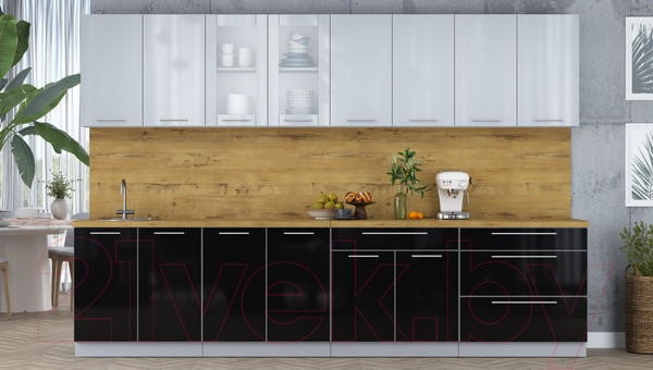 Изображение товара Кухонный гарнитур Интерлиния Мила Пластик 3.2 Б (туманный глянец/черный глянец/дуб бунратти)