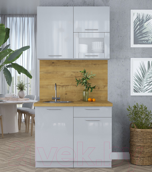 Изображение товара Кухонный гарнитур Интерлиния Мила Пластик 1.0 В (туманный глянец/туманный глянец/дуб бунратти)