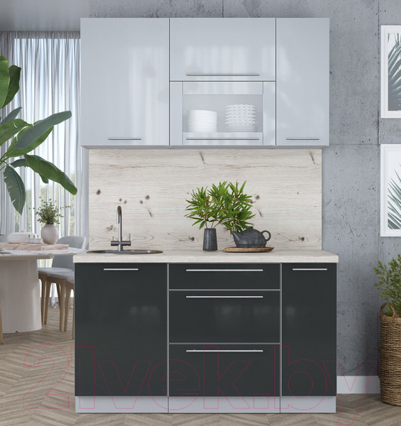 Изображение товара Кухонный гарнитур Интерлиния Мила Пластик 1.4 В (туманный глянец/антрацит/бискайская сосна)