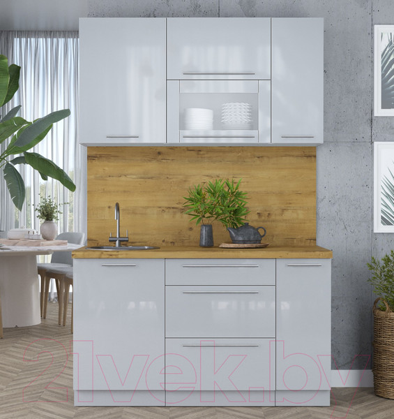 Изображение товара Кухонный гарнитур Интерлиния Мила Пластик 1.4 В (туманный глянец/туманный глянец/дуб бунратти)