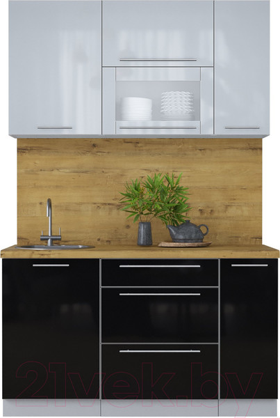Изображение товара Кухонный гарнитур Интерлиния Мила Пластик 1.4 В (туманный глянец/черный глянец/дуб бунратти)