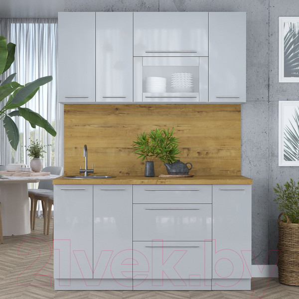 Изображение товара Кухонный гарнитур Interline Мила Пластик 1.5 В (туманный глянец/туманный глянец/дуб бунратти)