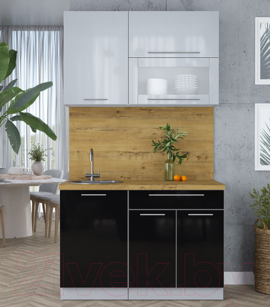 Изображение товара Кухонный гарнитур Интерлиния Мила Пластик 1.2 В (туманный глянец/черный глянец/дуб бунратти)