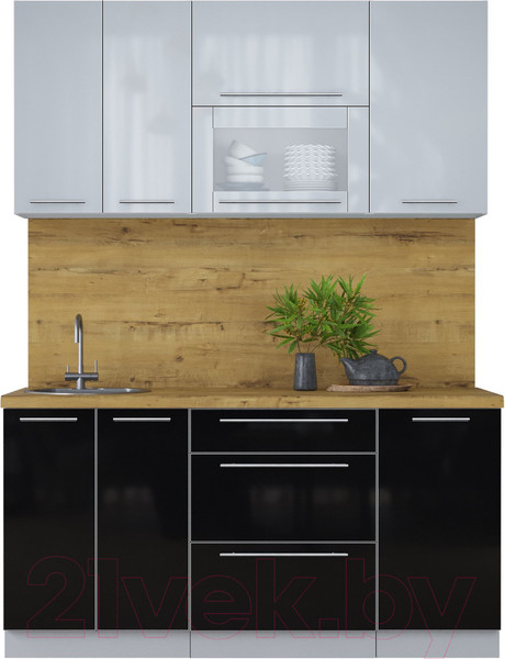 Изображение товара Кухонный гарнитур Интерлиния Мила Пластик 1.6 В (туманный глянец/черный глянец/дуб бунратти)