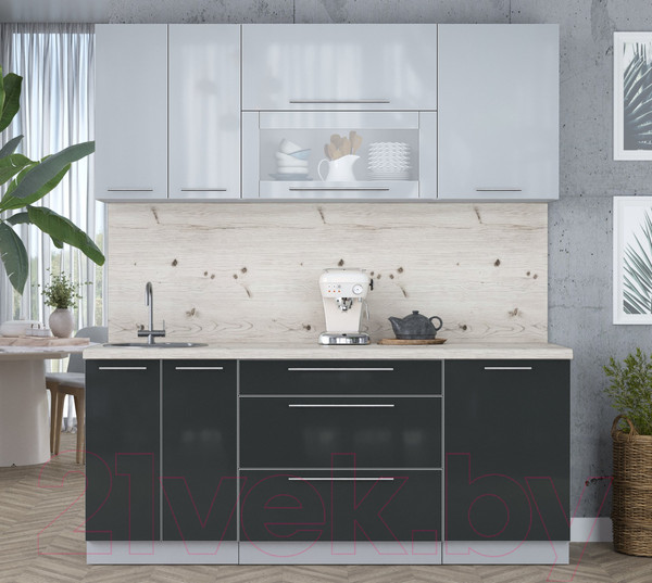 Изображение товара Кухонный гарнитур Интерлиния Мила Пластик 1.9 В (туманный глянец/антрацит/бискайская сосна)