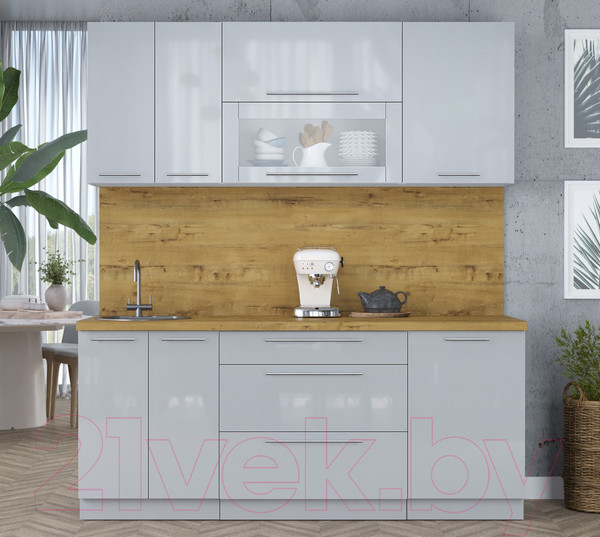 Изображение товара Кухонный гарнитур Интерлиния Мила Пластик 1.9 В (туманный глянец/туманный глянец/дуб бунратти)