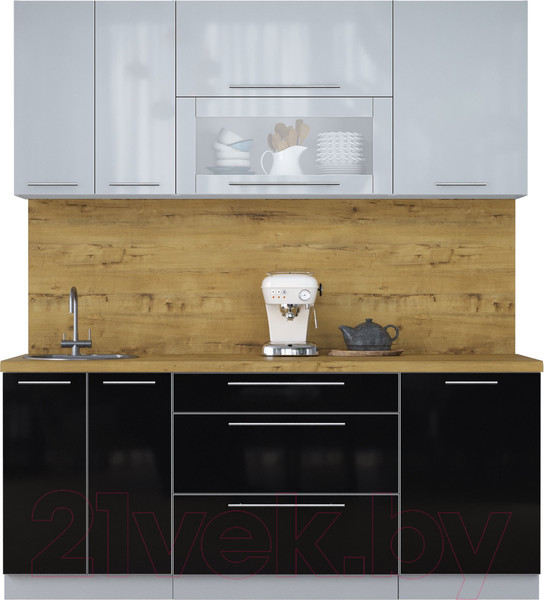 Изображение товара Кухонный гарнитур Интерлиния Мила Пластик 1.9 В (туманный глянец/черный глянец/дуб бунратти)
