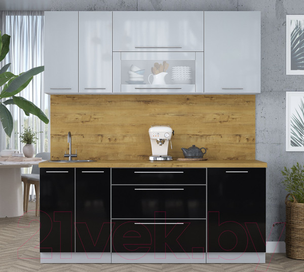 Изображение товара Кухонный гарнитур Интерлиния Мила Пластик 1.9 В (туманный глянец/черный глянец/дуб бунратти)