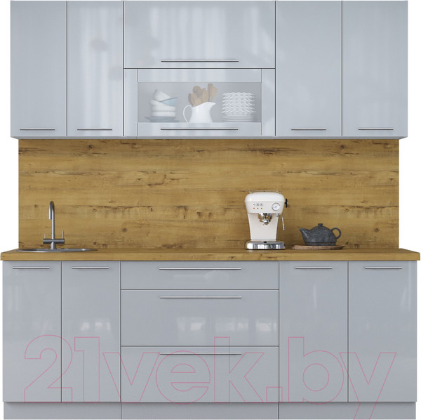 Изображение товара Кухонный гарнитур Интерлиния Мила Пластик 2.1 В (туманный глянец/туманный глянец/дуб бунратти)