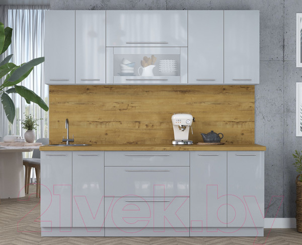 Изображение товара Кухонный гарнитур Интерлиния Мила Пластик 2.1 В (туманный глянец/туманный глянец/дуб бунратти)