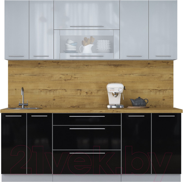 Изображение товара Кухонный гарнитур Интерлиния Мила Пластик 2.1 В (туманный глянец/черный глянец/дуб бунратти)
