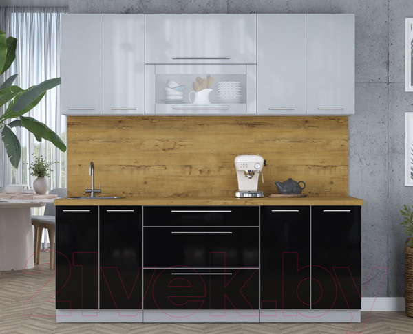 Изображение товара Кухонный гарнитур Интерлиния Мила Пластик 2.1 В (туманный глянец/черный глянец/дуб бунратти)