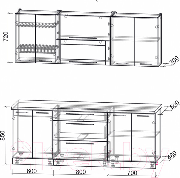 Изображение товара Кухонный гарнитур Интерлиния Мила Пластик 2.1 В (туманный глянец/черный глянец/дуб бунратти)