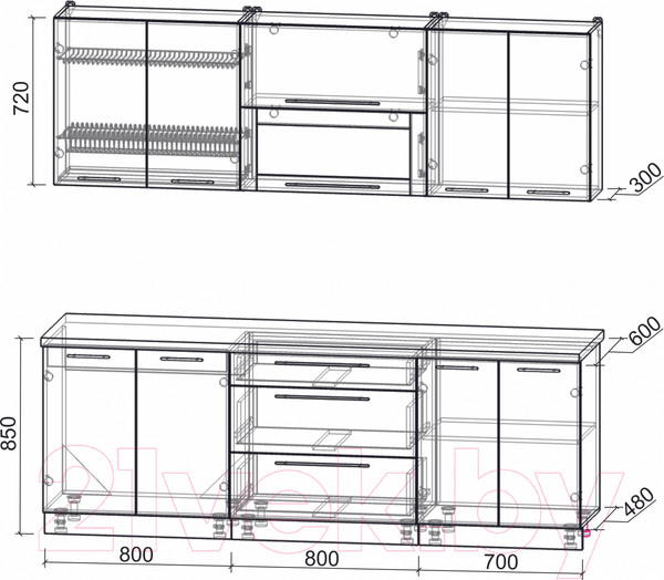 Изображение товара Кухонный гарнитур Интерлиния Мила Пластик 2.3 В (туманный глянец/туманный глянец/дуб бунратти)