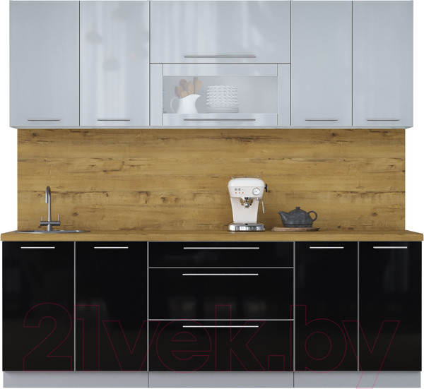 Изображение товара Кухонный гарнитур Интерлиния Мила Пластик 2.3 В (туманный глянец/черный глянец/дуб бунратти)