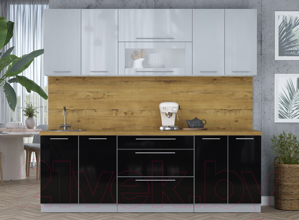 Изображение товара Кухонный гарнитур Интерлиния Мила Пластик 2.3 В (туманный глянец/черный глянец/дуб бунратти)