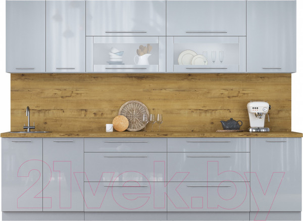 Изображение товара Кухонный гарнитур Интерлиния Мила Пластик 2.9 В (туманный глянец/туманный глянец/дуб бунратти)
