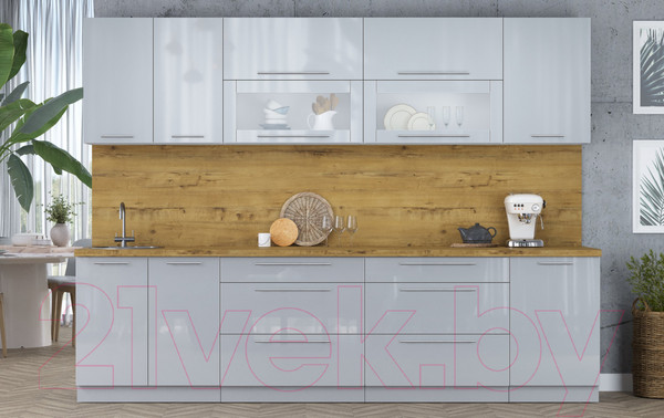 Изображение товара Кухонный гарнитур Интерлиния Мила Пластик 2.9 В (туманный глянец/туманный глянец/дуб бунратти)