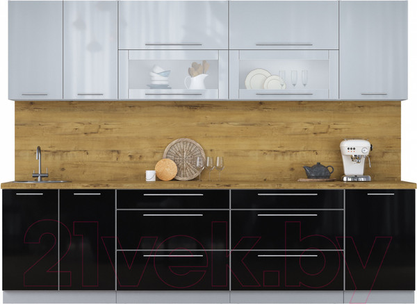 Изображение товара Кухонный гарнитур Интерлиния Мила Пластик 2.9 В (туманный глянец/черный глянец/дуб бунратти)